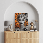 paveikslas ant drobės juoda ir oranžinė interjere