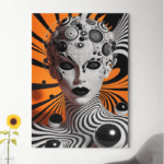 paveikslas ant drobės juoda ir oranžinė interjere iš arti