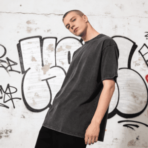 Acid Wash marškinėliai vyrams su spauda, oversize, juoda spalva