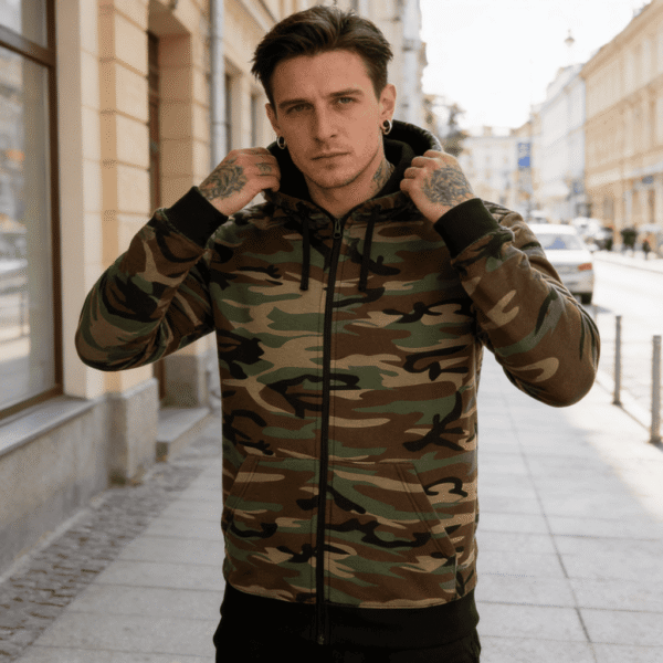 vyras su kamufliaziniu dzemperiu gatveje vyras su kamufliažiniu džemperiu gatvėje