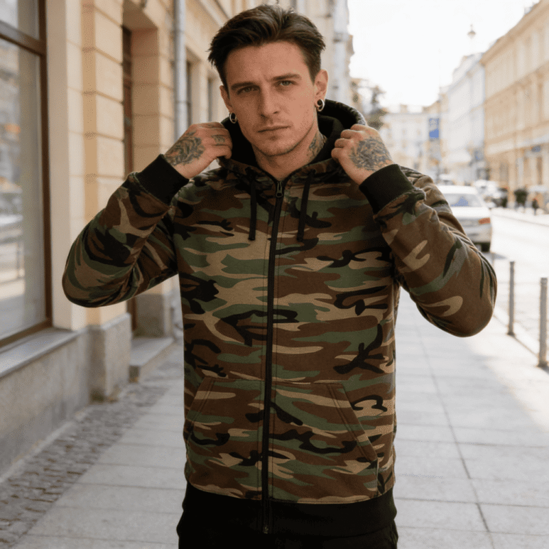 vyras su kamufliažiniu džemperiu gatvėje