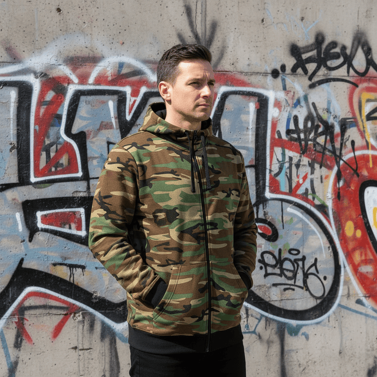 vyras su kamufliažiniu džemperiu prie sienos